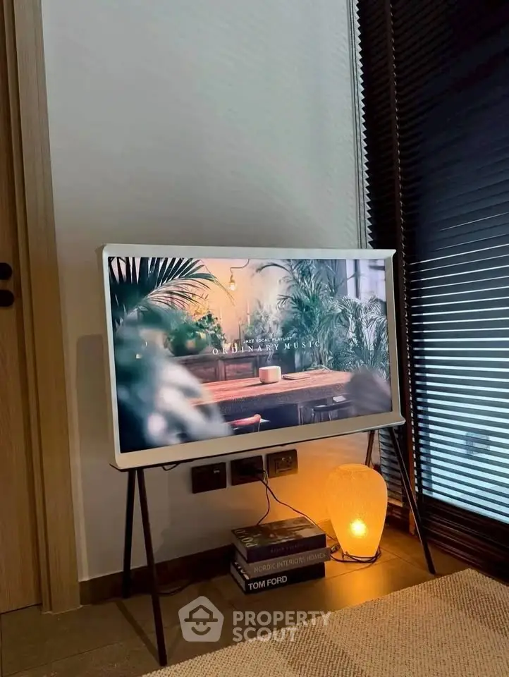 Stylish modern living room with designer TV stand and ambient lighting