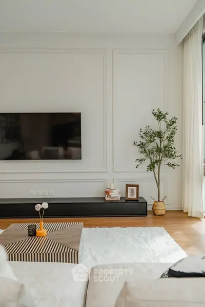 Modern living room with sleek TV setup and stylish decor