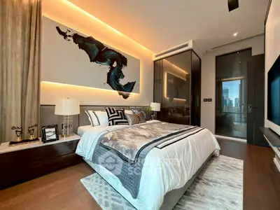 Luxurious modern bedroom with elegant decor and city view