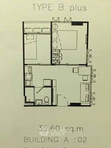 Floor plan of Type B plus unit, 35.60 sq.m, Building A:02, showcasing efficient layout.