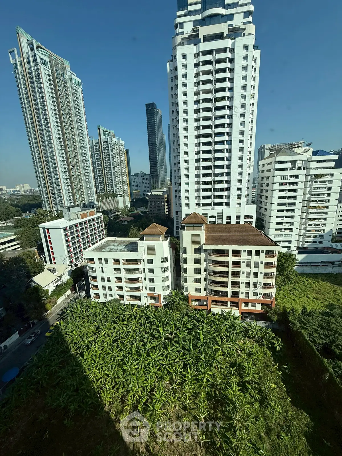 Stunning cityscape view showcasing modern high-rise buildings and lush greenery.