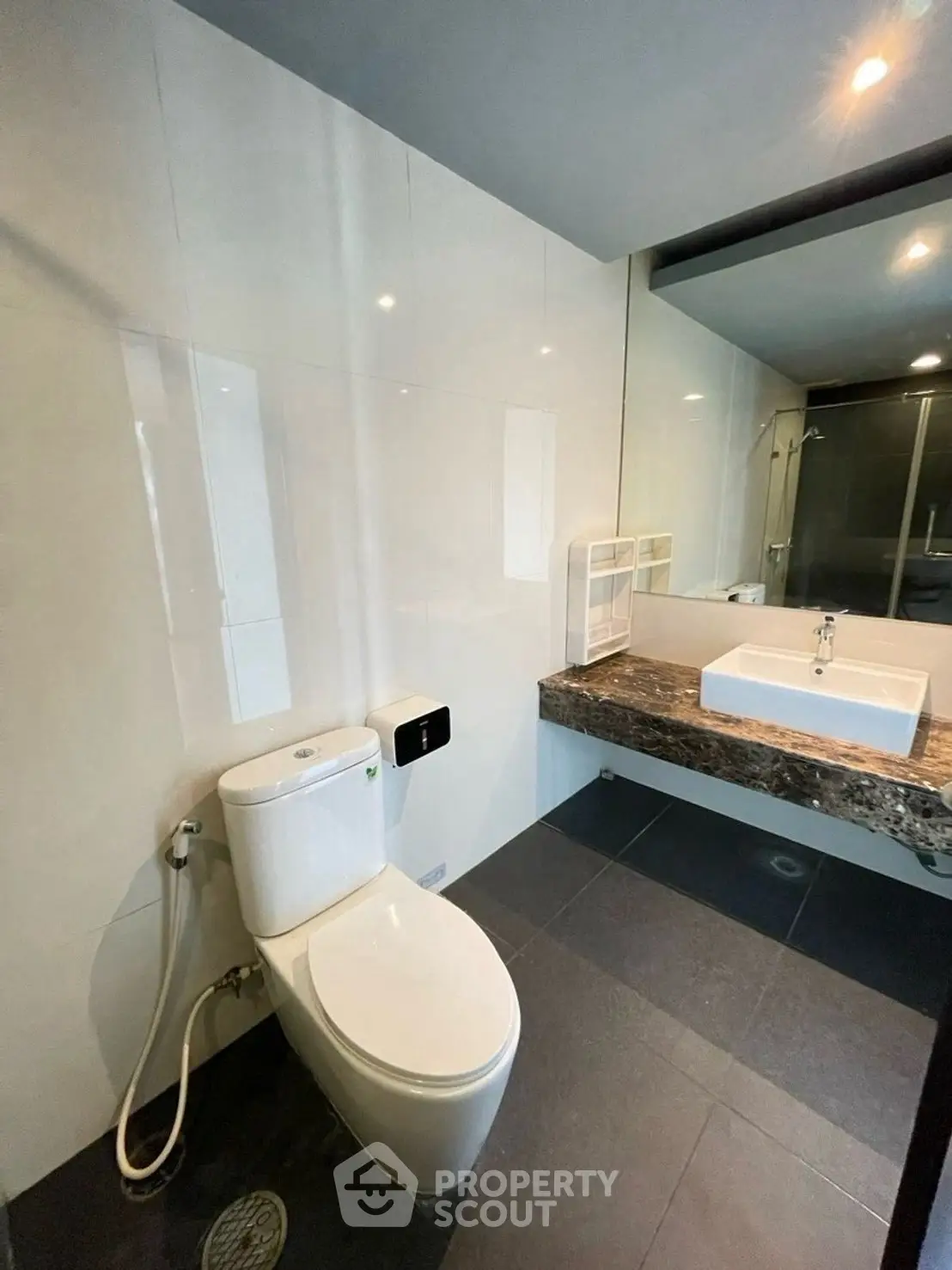 Modern bathroom with sleek fixtures and large mirror in a contemporary home.
