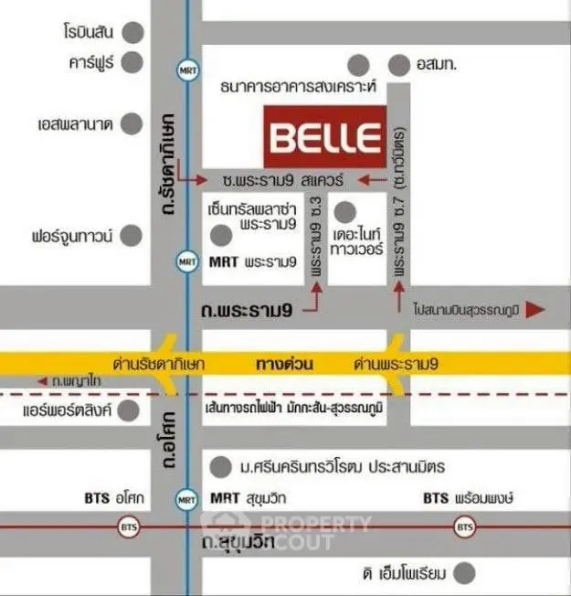 Map showing location of Belle condominium near MRT and BTS stations in Bangkok.