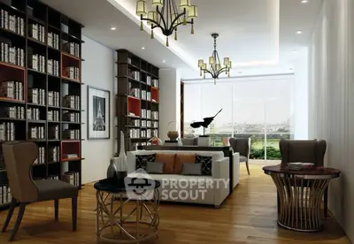 Luxurious living room with floor-to-ceiling bookshelves and city view.
