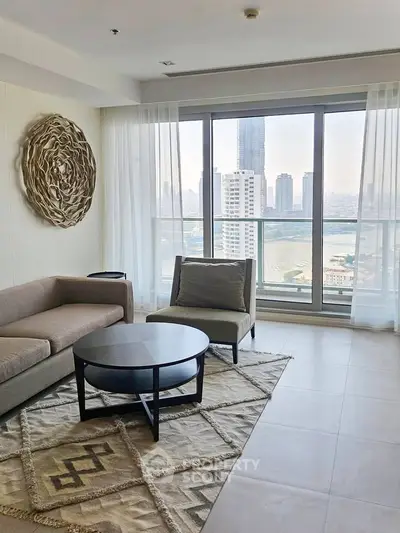 Modern living room with stunning city view and stylish decor