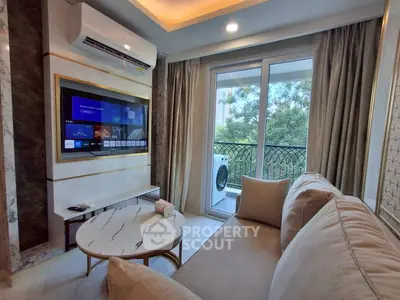 Modern living room with balcony view and stylish decor