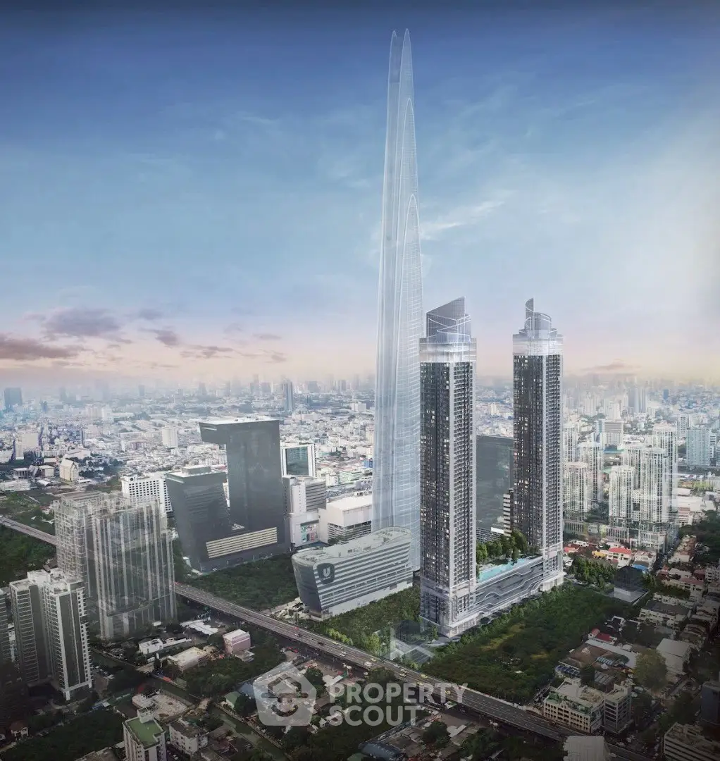 Stunning aerial view of modern skyscrapers in bustling cityscape, showcasing architectural marvels and urban development.