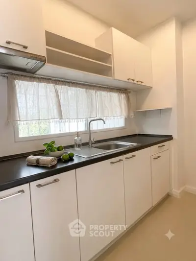 Modern kitchen with sleek cabinetry and large window for natural light.