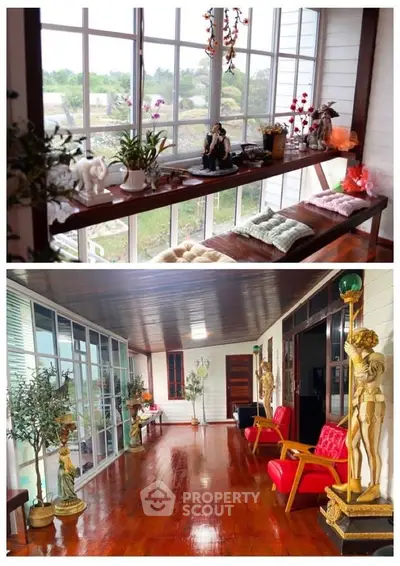 Spacious interior with large windows and polished wooden floors, featuring elegant decor and abundant natural light.