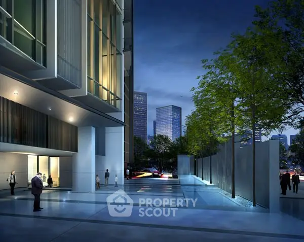 Stunning modern building exterior with sleek design and cityscape view at dusk.