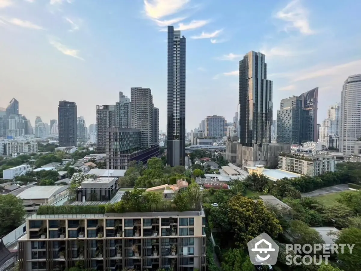 Stunning cityscape view with modern high-rise buildings and lush greenery, perfect for urban living.