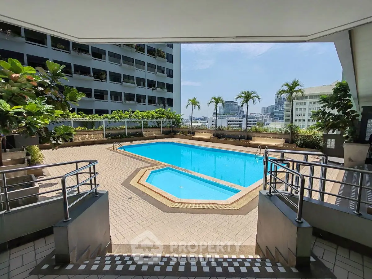 Luxurious urban pool with city skyline view, perfect for relaxation and leisure.