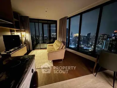 Luxurious living room with stunning city skyline view at night