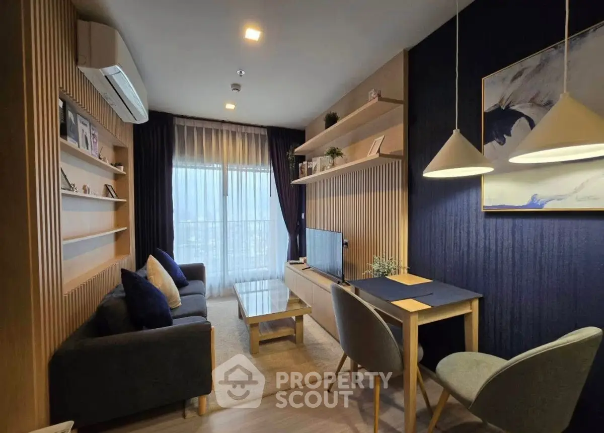 Modern living room with stylish decor and cozy seating area