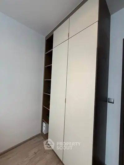 Spacious built-in storage unit with sleek design and ample shelving in modern apartment.