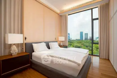 Luxurious bedroom with stunning cityscape view and modern decor