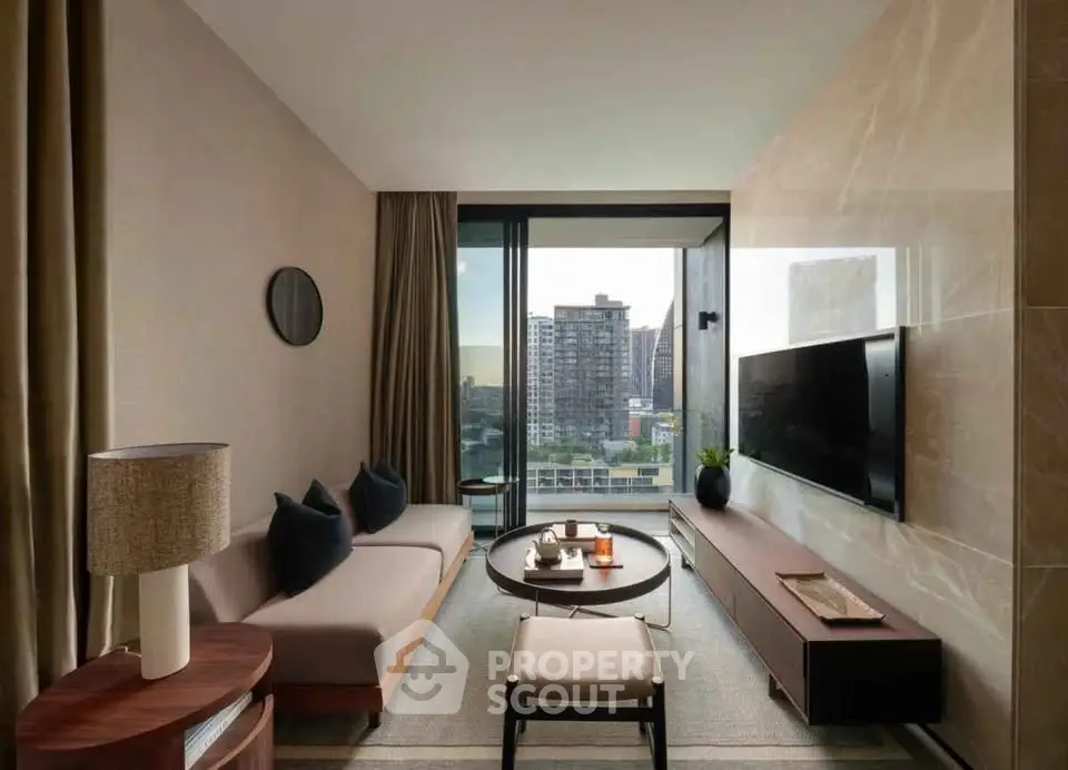 Modern living room with city view, sleek furniture, and large TV, perfect for urban living.