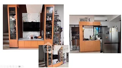 Modern living room with built-in TV unit and adjacent kitchen area