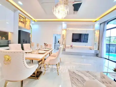 Luxurious open-plan living room with elegant dining area and modern decor