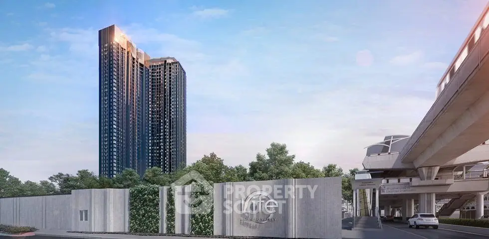 Stunning high-rise building with modern architecture and lush greenery, perfect for urban living.