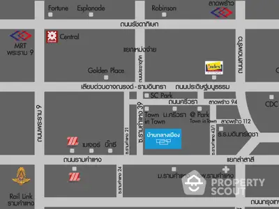 Map showing real estate location near MRT and shopping centers in vibrant urban area.