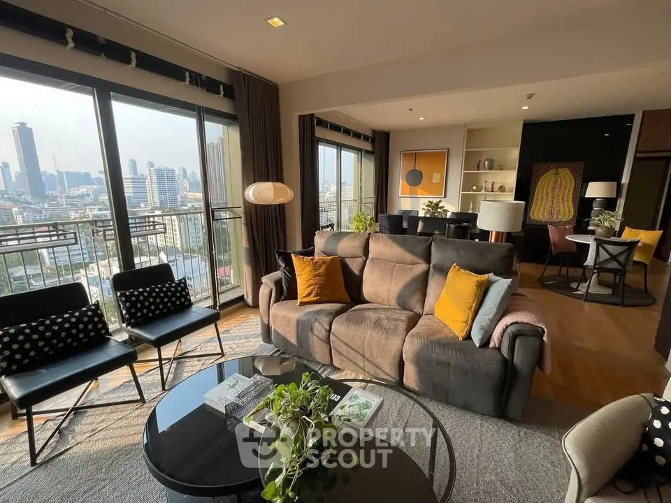 Luxurious living room with stunning city view and modern decor