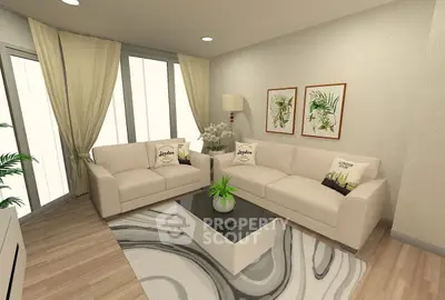 Elegant living room with modern decor, featuring cozy sofas, stylish coffee table, and chic wall art.