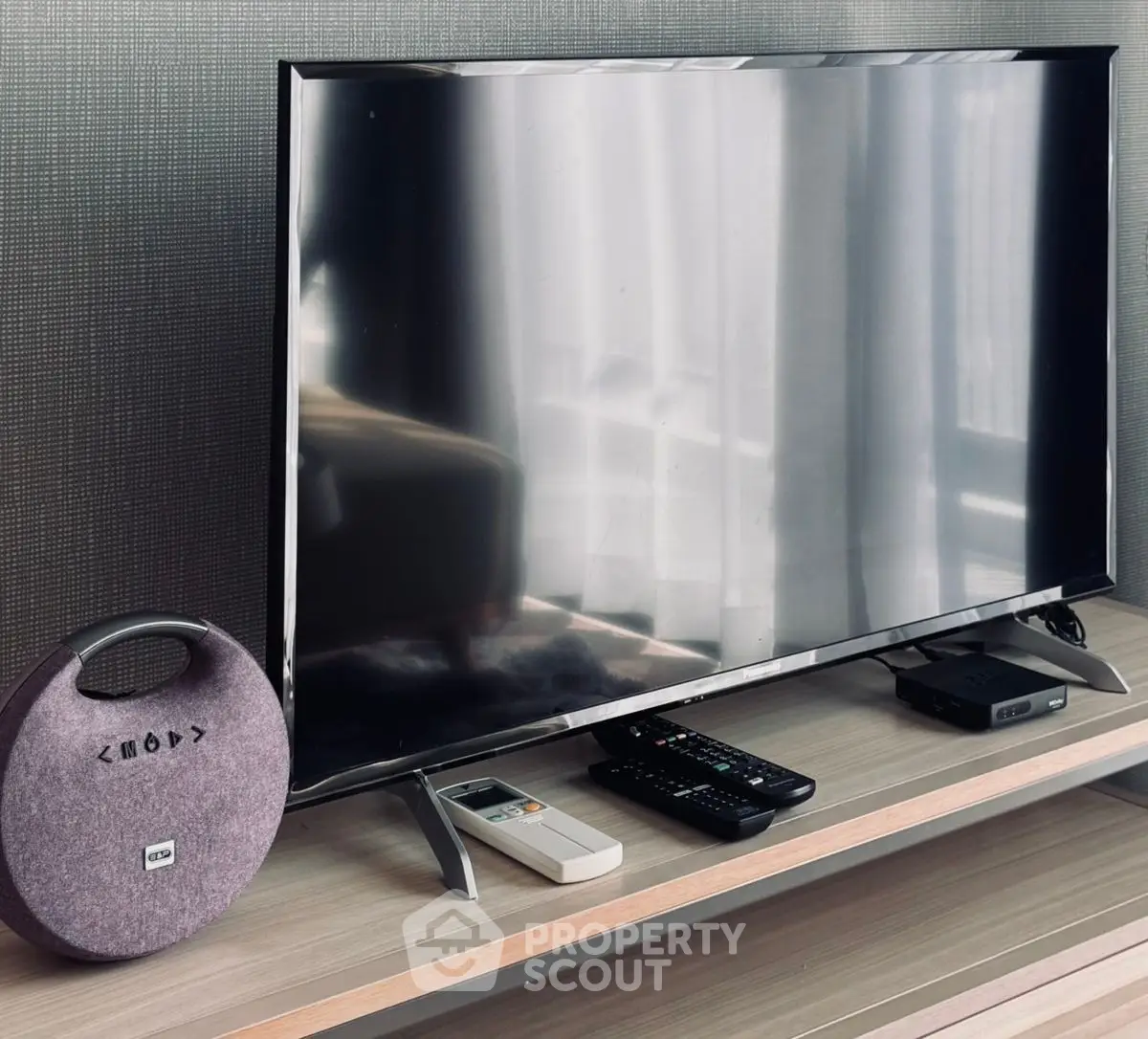 Modern living room setup with sleek TV and stylish accessories on wooden stand.