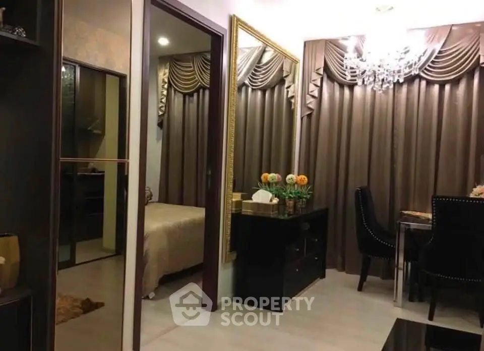 Luxurious apartment interior with elegant dining area and cozy bedroom view.