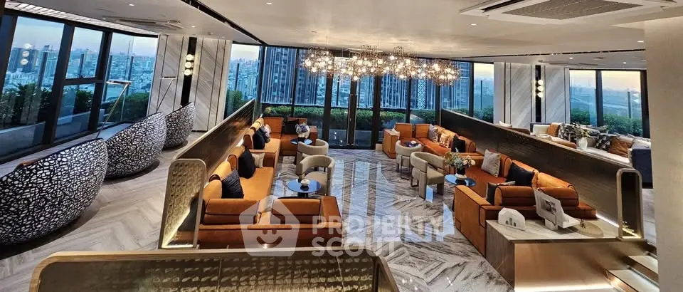 Luxurious modern living room with panoramic city views and elegant decor