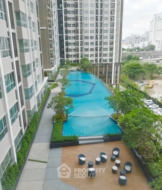 Luxurious high-rise apartment with stunning pool and city view, perfect for urban living.