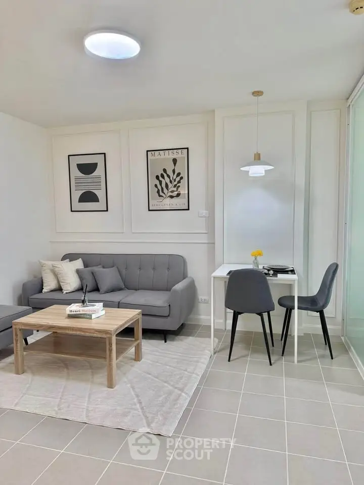 Modern living room with stylish decor and cozy seating area