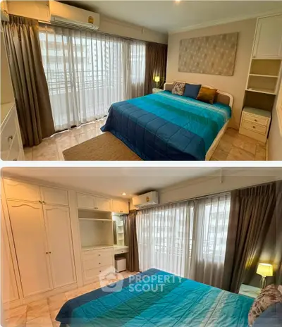 Spacious bedroom with large windows and elegant decor in a modern apartment.