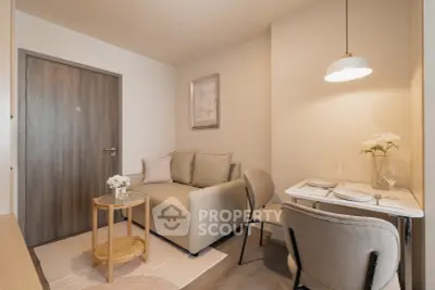 Cozy living room with modern decor and dining area in stylish apartment