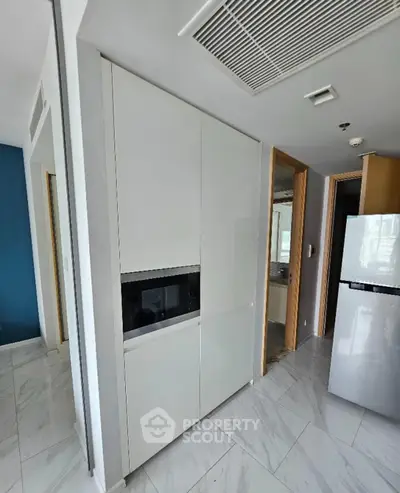 Modern kitchen with sleek white cabinetry and built-in appliances