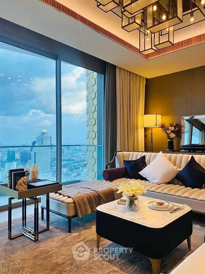 Luxurious living room with stunning city view, elegant decor, and modern furniture in high-rise apartment.