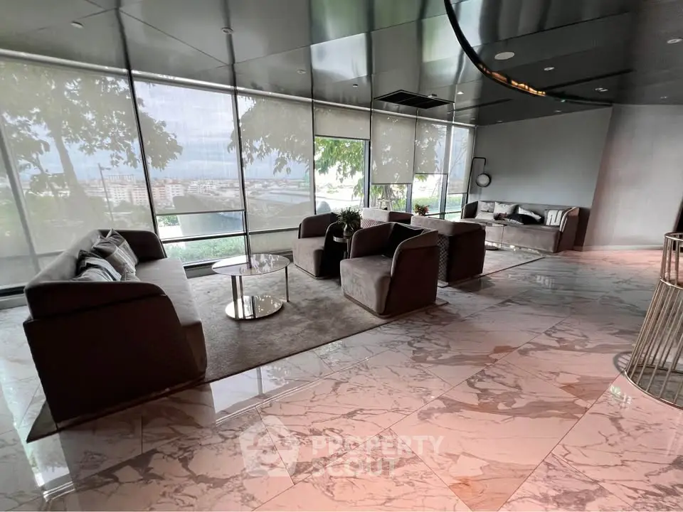 Luxurious modern living room with panoramic city views and elegant marble flooring.