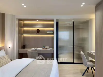 Modern bedroom with study area and elegant lighting, featuring a cozy workspace and sleek design.