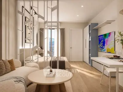 Modern studio apartment with open layout, featuring cozy living area and stylish decor.