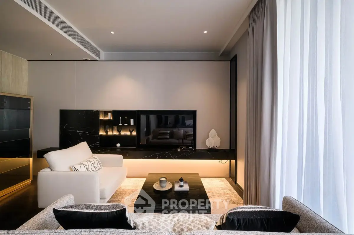 Luxurious modern living room with elegant decor and ambient lighting