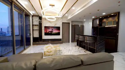 Luxurious modern living room with marble flooring and stylish bar area.