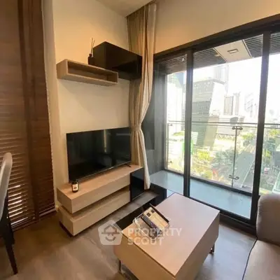 Modern living room with city view and balcony access