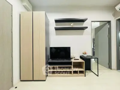 Modern living room with sleek TV stand and minimalist decor