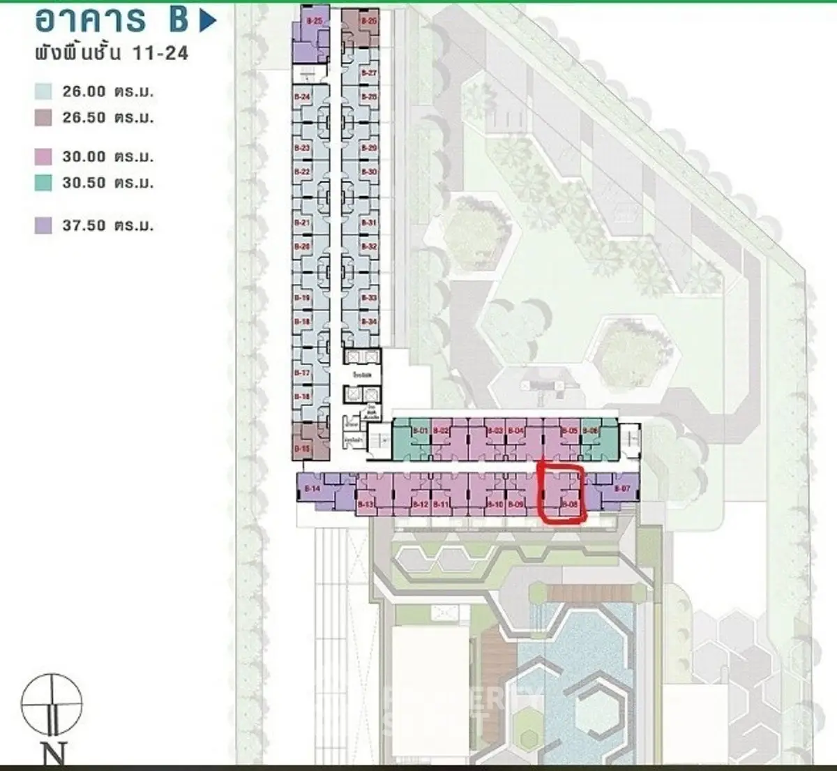 Detailed floor plan of a modern residential building with highlighted unit and amenities.