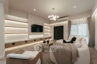 Elegant modern living room with stylish lighting and cozy seating area