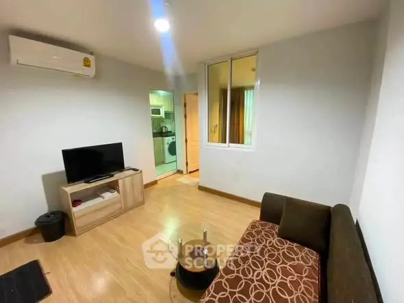 Cozy living room with modern furniture and open kitchen view