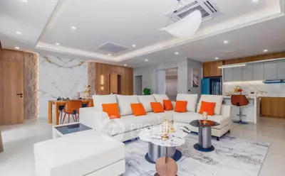 Luxurious modern living room with open kitchen and stylish decor