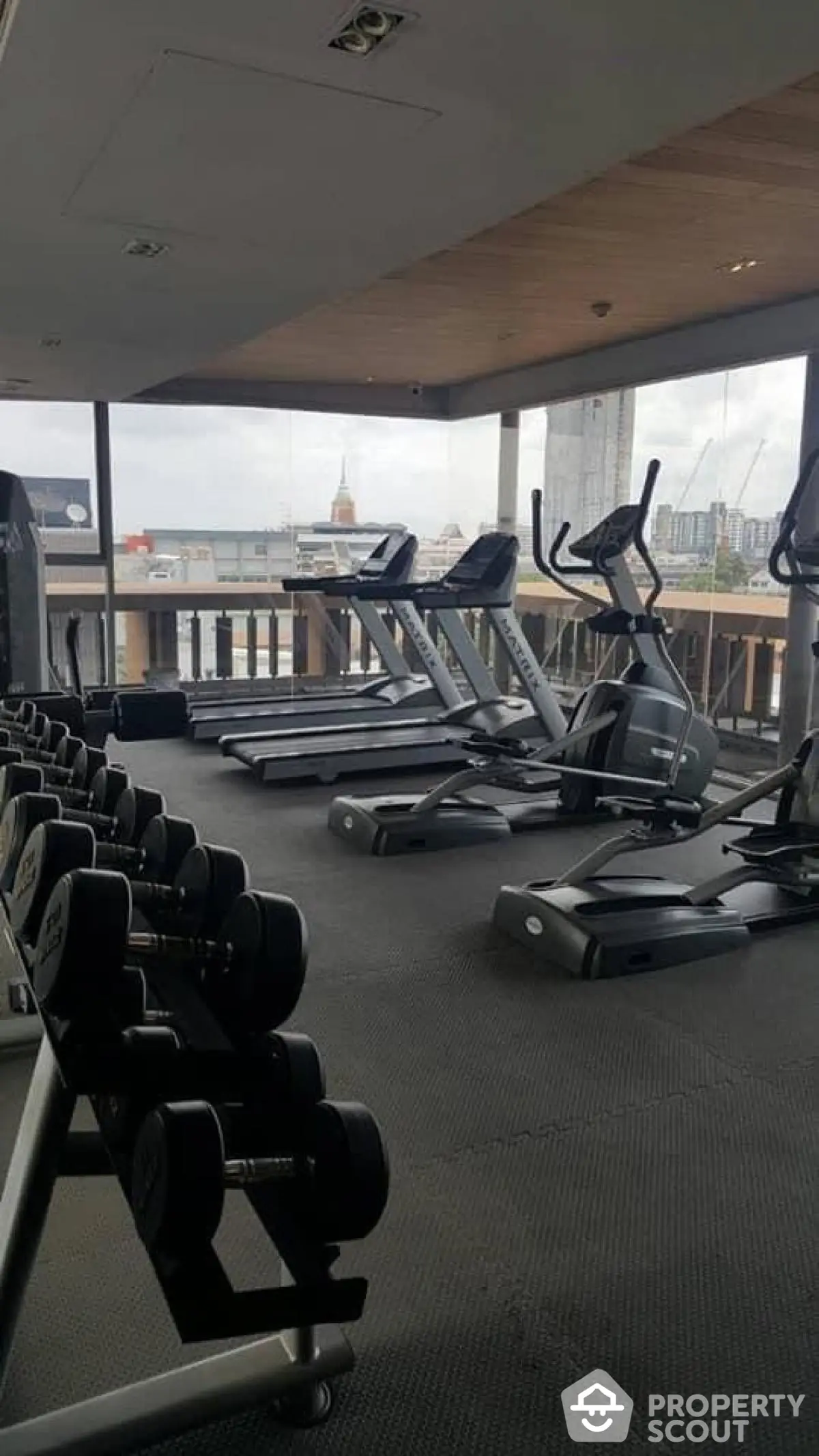 Modern gym with city view featuring treadmills and weights in a high-rise building.