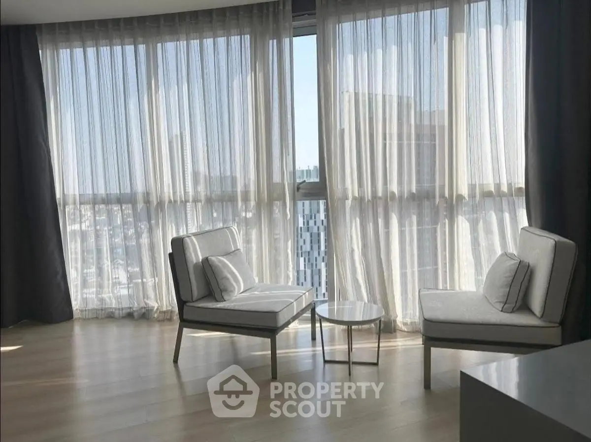 Elegant modern living room with floor-to-ceiling windows and city view