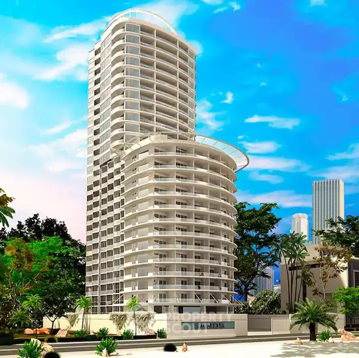 Stunning modern high-rise building with sleek architecture and lush landscaping in urban setting.